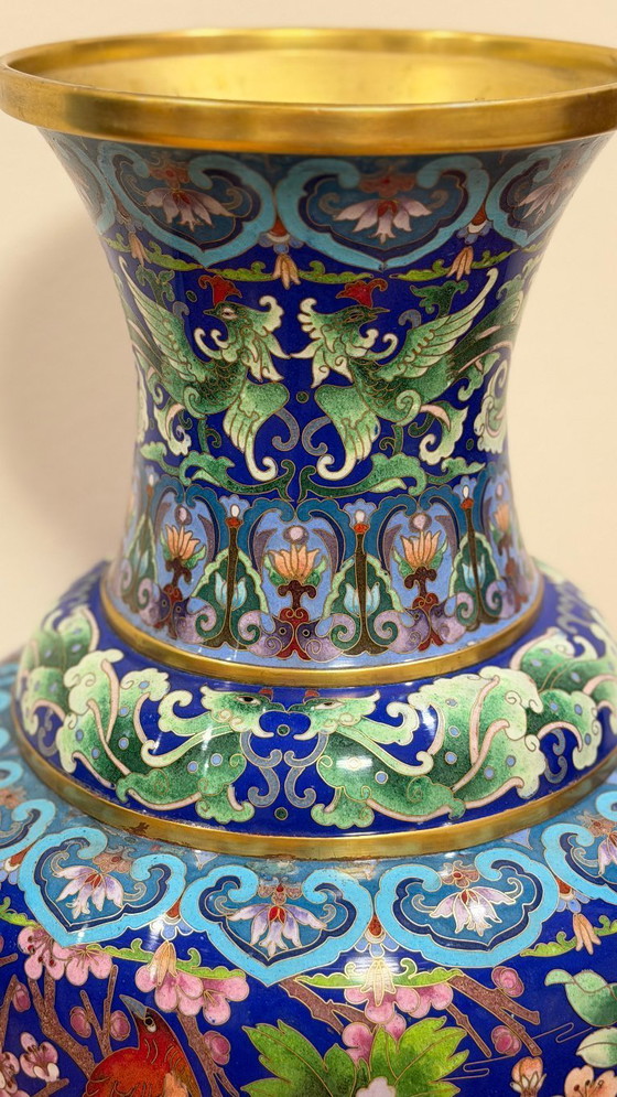 Image 1 of Monumental Chinese Cloisonné Vase - 84 cm With Base - Jingtai Blue Enamel - Impeccable