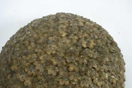 Image 1 of Lampe de plafond Seguso, très grande, à fleurs en verre de Murano doré, style milieu du siècle, Italie, années 1940