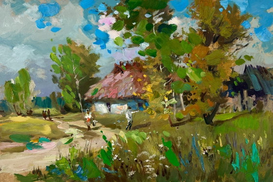 Image 1 of Original Oil Painting Summer Village Landscape Memories near the house