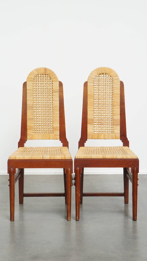 set of 2 wooden Art Deco design dining chairs with wicker seat and back