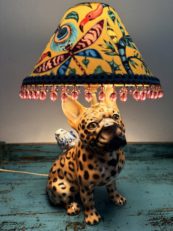 Image 1 of Lampada in ceramica fatta a mano con base a pantera / paralume in velluto