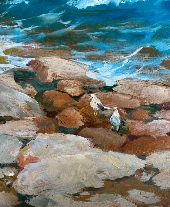 Image 1 of Pintura al óleo original Paisaje costero marino Sonidos de pájaros y olas del mar
