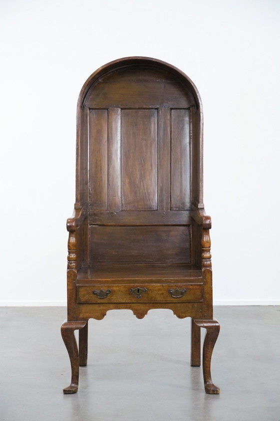 Image 1 of Antique English hooded lambing chair from the 18th century with a hood shape and a drawer