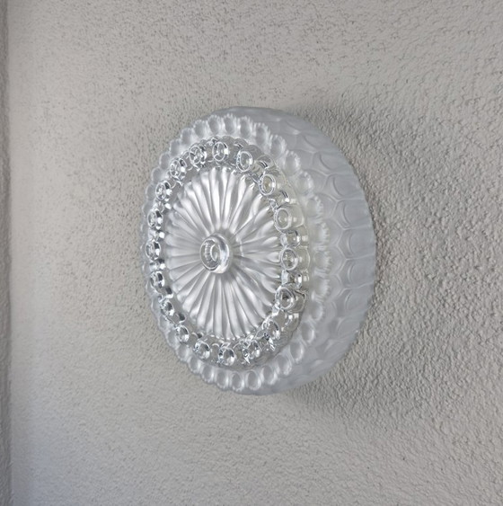 Vintage Pressed Glass Flush Mount Ceiling Light, Mid-Century Style, 2x E27, 29.5 cm, Ceramic, Transparent (photo 2 of 19)