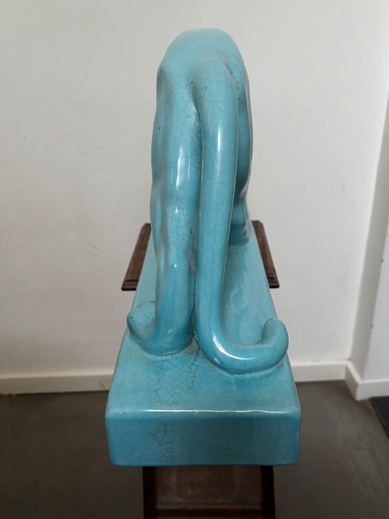Image 1 of Gran puma de cerámica, intacto, turquesa, original Art Déco 1920-1939 L&V Ceram