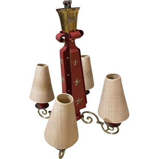 Lampadario vintage in metallo laccato ottone e rame di André Arbus, 1940