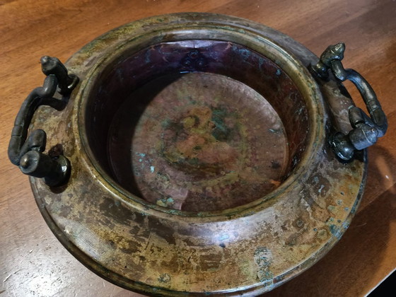 Image 1 of Antieke koperen en messing tafelbrander uit het einde van de 19e eeuw.