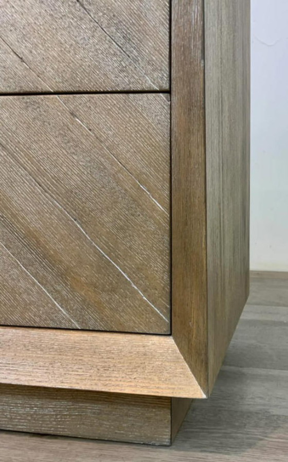 Image 1 of Caracole Organic Modern Nightstand in Greige Wood Finish, Designer Crisscross Bedside Table for Contemporary Bedrooms
