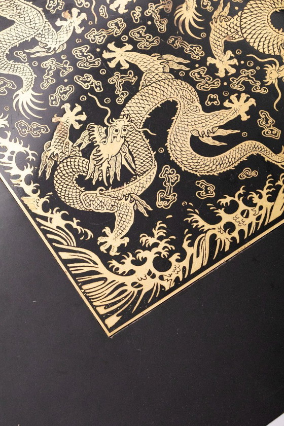 Image 1 of Pair of Chinoiserie Black Lacquer Bedside Tables with Gilded Dragon Engravings, 1980’s