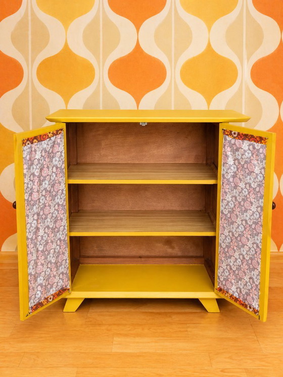 Image 1 of Upcycled vintage bar cabinet in yellow and floral print – 70s style