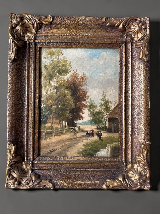 Antique Oil Painting – Julius Jacobus Van De Sande Bakhuyzen (Hague School) – Dutch Polder Landscape (photo 2 of 6)