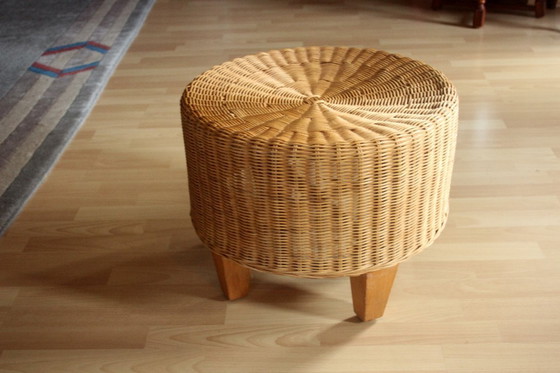 Image 1 of Round side table - rattan, bamboo, wood - vintage