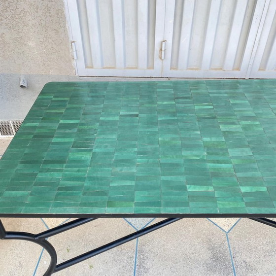 Image 1 of EMERALD GREEN TABLE, Dining Large Handmade Outdoor & Indoor Mosaic Table, Moroccan Green Table, Traditional Custom-Made Design