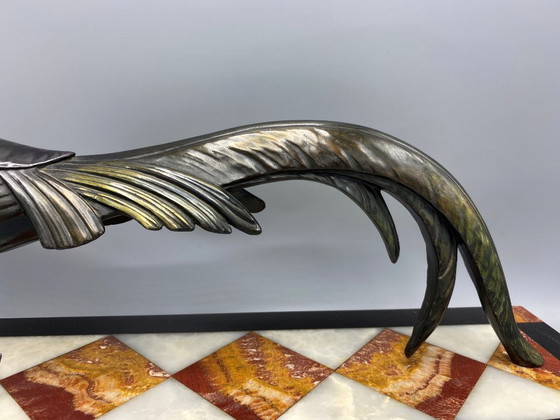 Image 1 of Grote Art Deco Fazant Beeld – Gepatineerd Spelter op Luxe Marmer – Franse 1930s Sculptuur – Wandeldecor / Verzamelobject 