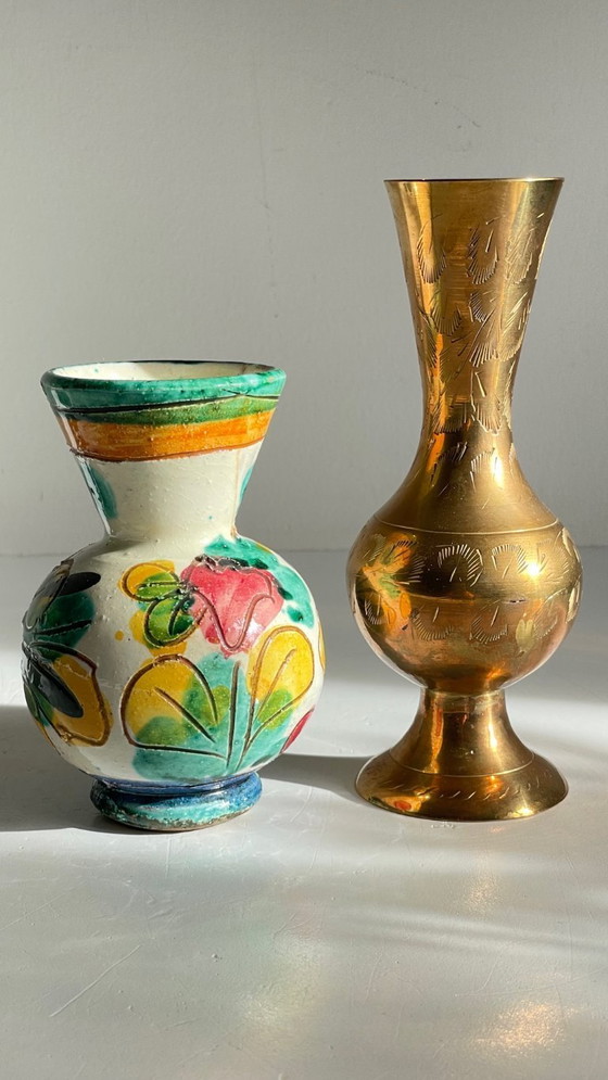 Image 1 of Vasi in ceramica vintage realizzati a mano con ottone cesellato