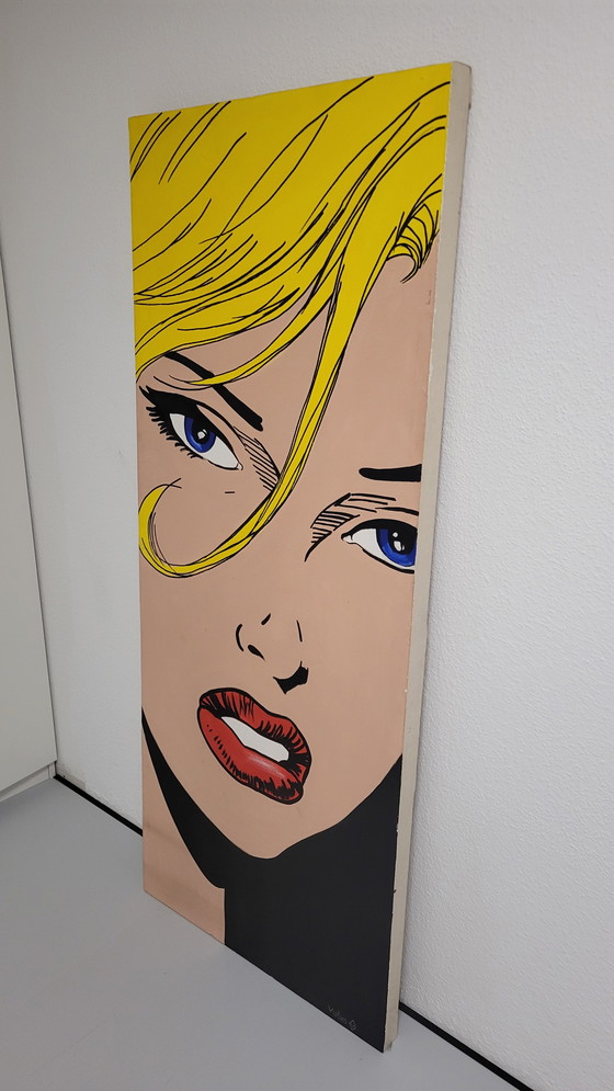 Image 1 of VUČKO "Roy Lichtenstein Vicki" – Hand-painted XXL canvas – 170x70 cm, signed