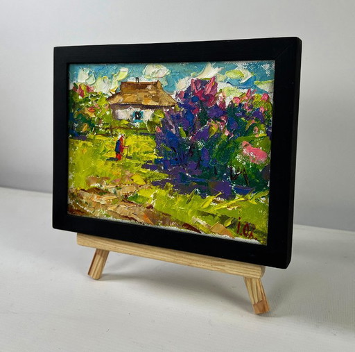 Original Oil Painting Day Village Landscape Spring breathes memories