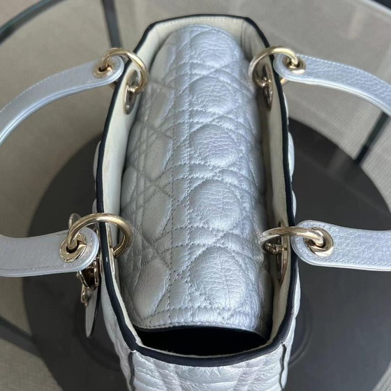 Image 1 of *FLAP OPEN* DIOR LADY MEDIUM - GRAINED CALFSKIN METALLIC SILVER GOLDEN HARDWARE