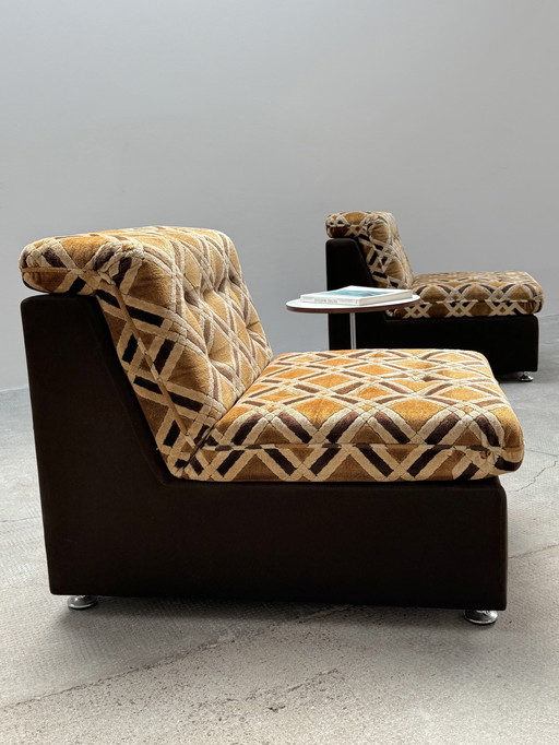 SET OF 2 RETRO VINTAGE LOUNGE CHAIRS VENEER GOLD CREAM BROWN 1970s