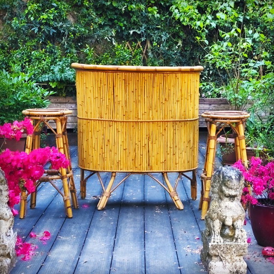 Image 1 of Tiki bar et ses tabourets vintage en rotin et bambou, France, 1950s