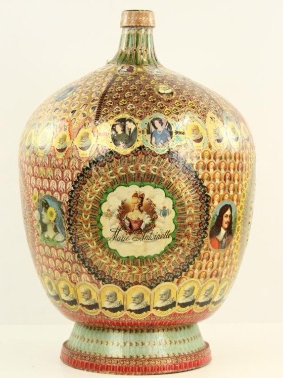 Decorative bottle with cigar band collage, Vases, Paper, Multi Color, Vintage (photo 7 of 10)