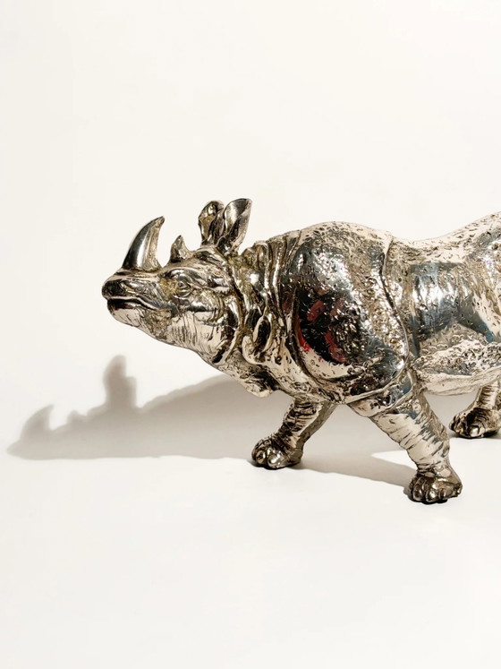 80s Silver-plated Metal Rhinoceros Sculpture (photo 3 of 12)