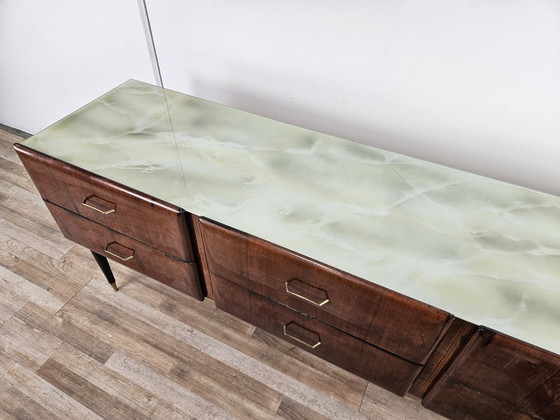 Image 1 of Vintage six-drawer mahogany burl dresser with glass top, 1960