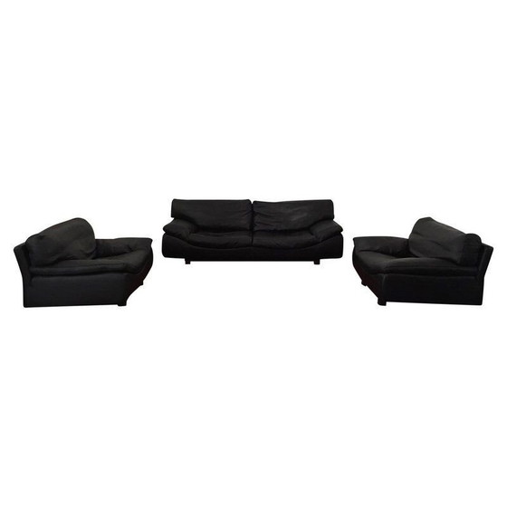 Image 1 of Vintage Sofa en 2 lounge stoelen, woonkamer set Roche Bobois, zwart leer