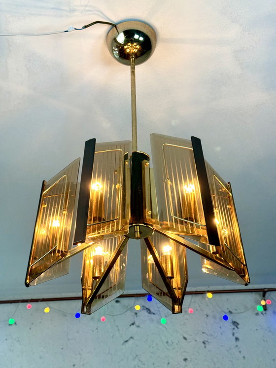 Image 1 of Massive Vintage Design Brass Chandelier With Etched Glass
