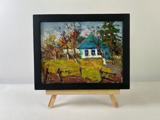 Original Oil Painting Spring Village Landscape Cold March days