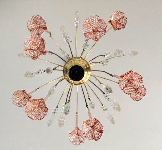 Vintage pink flower kroonluchter – Glass, Brass (photo 5 of 9)