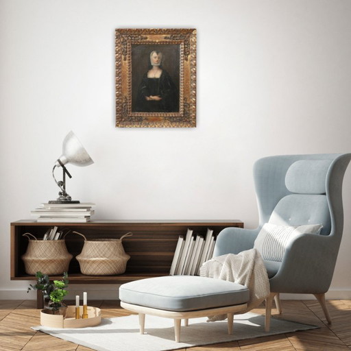 Portret van een jonge vrouw uit de Renaissance, olieverf op doek, Italië, begin 18e eeuw.