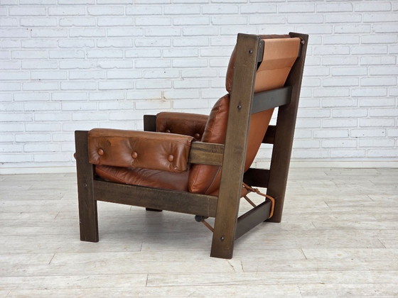 Image 1 of Sillón escandinavo años 70, mobiliario de piel, lona, ​​madera de roble.