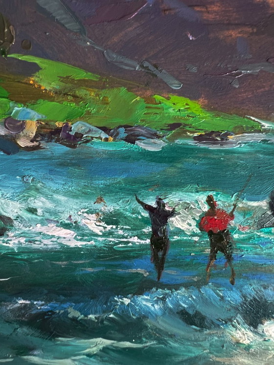 Image 1 of Dipinto ad olio originale. Pesca estiva in un fiume di montagna.