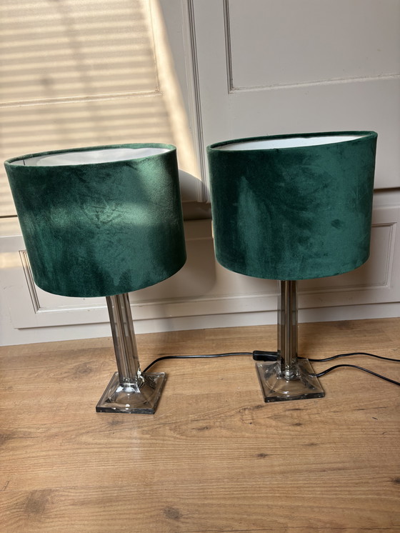 Image 1 of Set Of 2 Table Lamps With Smoked Glass Base And Green Velvet Shade