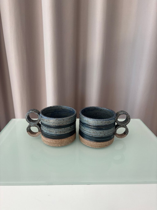 Par de tazas de cerámica danesa vintage – Tazas de gres de Dinamarca – Esmaltadas en azul – servies, Ceramic