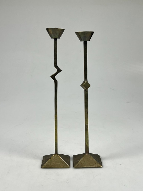 Image 1 of Vintage Zig Zag Candlesticks, Set of Two, Brass, Memphis Style, 1980s