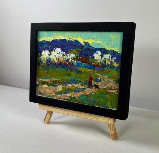 Original Oil Painting Summer House Landscape Beyond the village the path to freedom