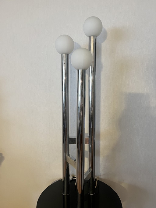 Duitse vintage vloerlamp in Space Age-stijl, gemaakt van glas en metaal, jaren 70. – vloerlampen, Chrome, Metal
