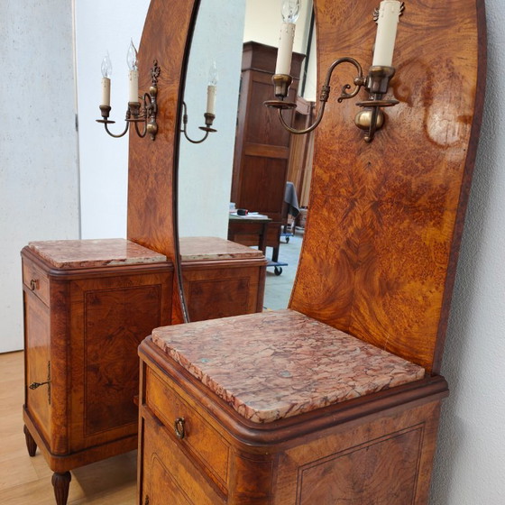 Image 1 of Coiffeuse Art Déco vintage, meuble de chambre, table de maquillage, plateau en marbre