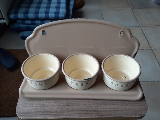 Image 1 of Antique enamel sand, soap, and soda rack