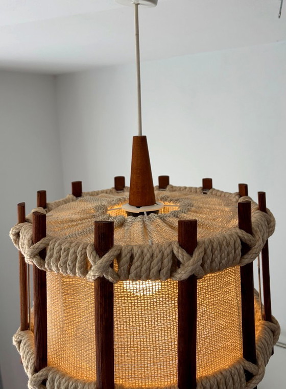 Lampada a sospensione vintage, in legno e corda, anni '60-'70 – Lampade a sospensione, Textile, Wood (photo 5 of 14)