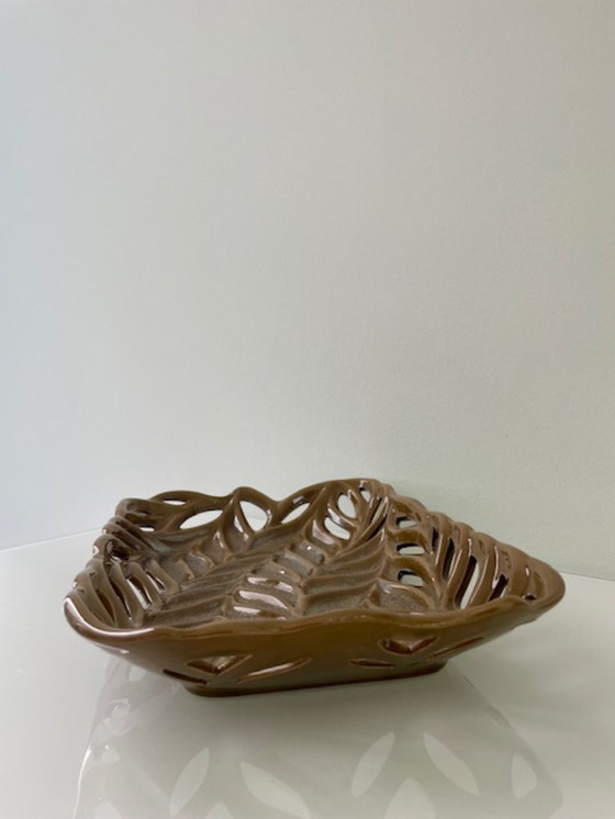 Image 1 of Rare bol vintage en céramique avec tissage organique - 32.5 x 22 cm