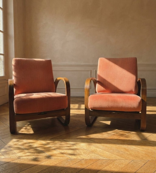 Paar H-70 Lounge Sessel UP factories in Brno von Jindřich Halabala, Tschechoslowakei, 1930er, 88 × 65 × 85 cm