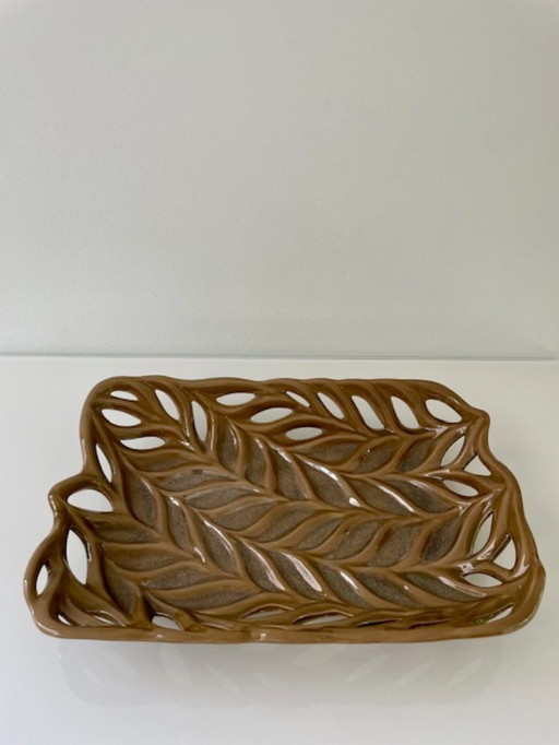 Rare bol vintage en céramique avec tissage organique - 32.5 x 22 cm