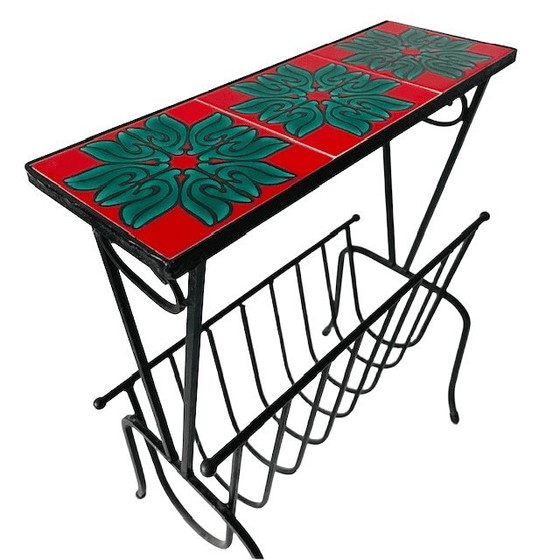 Image 1 of Vintage mid-century reading table retro magazine rack tiles wrought iron 1960s