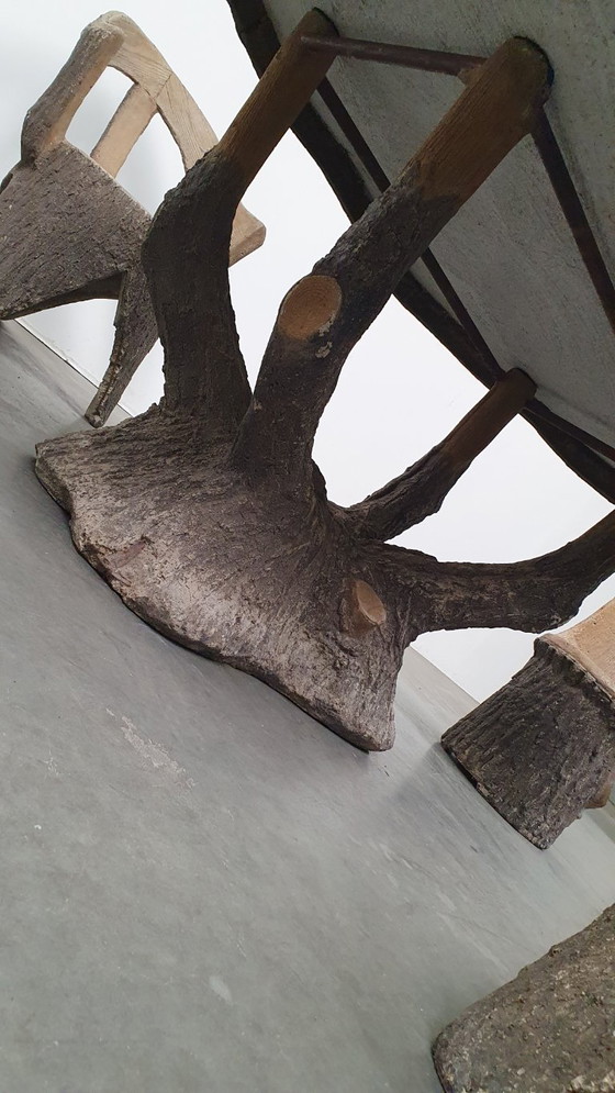 Image 1 of Vintage faux wood cement garden set 4 chairs/table Brutalist 60s France