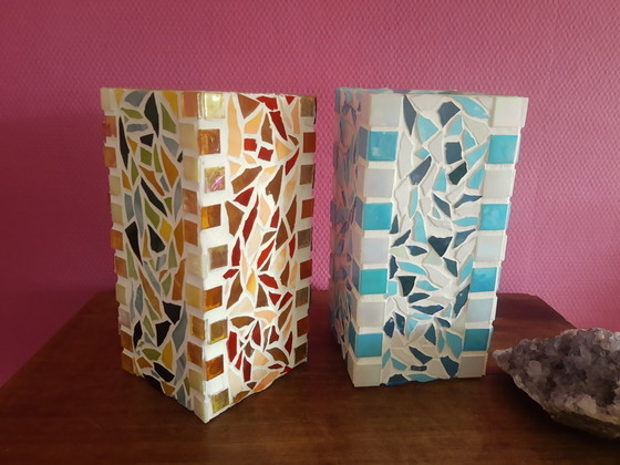 Zeldzame set handgemaakte vintage mozaïek glazen glazen lampen tafellampen vloerlampen in sfeervolle – Retro (photo 9 of 15)