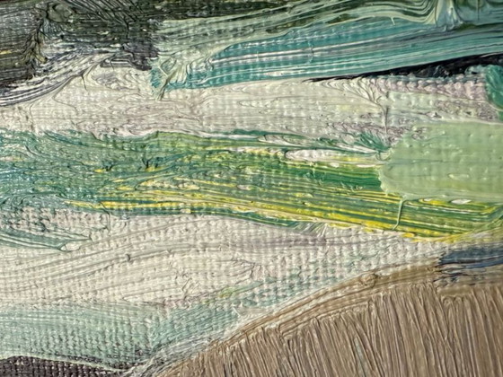 Image 1 of Peinture à l'huile moderniste « Bateaux sur la plage » de Carl Berndtsson (1902-1982)