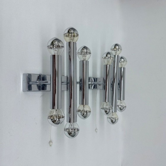Image 1 of Paar Gaetano Sciolari Wandlampen Leuchter Chrom Rohr , 1970er Jahre
